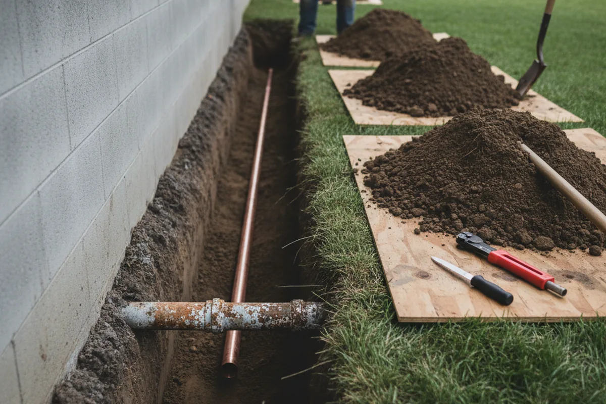 Excavated water line trench during Water Softener Installation in Glen Alpine